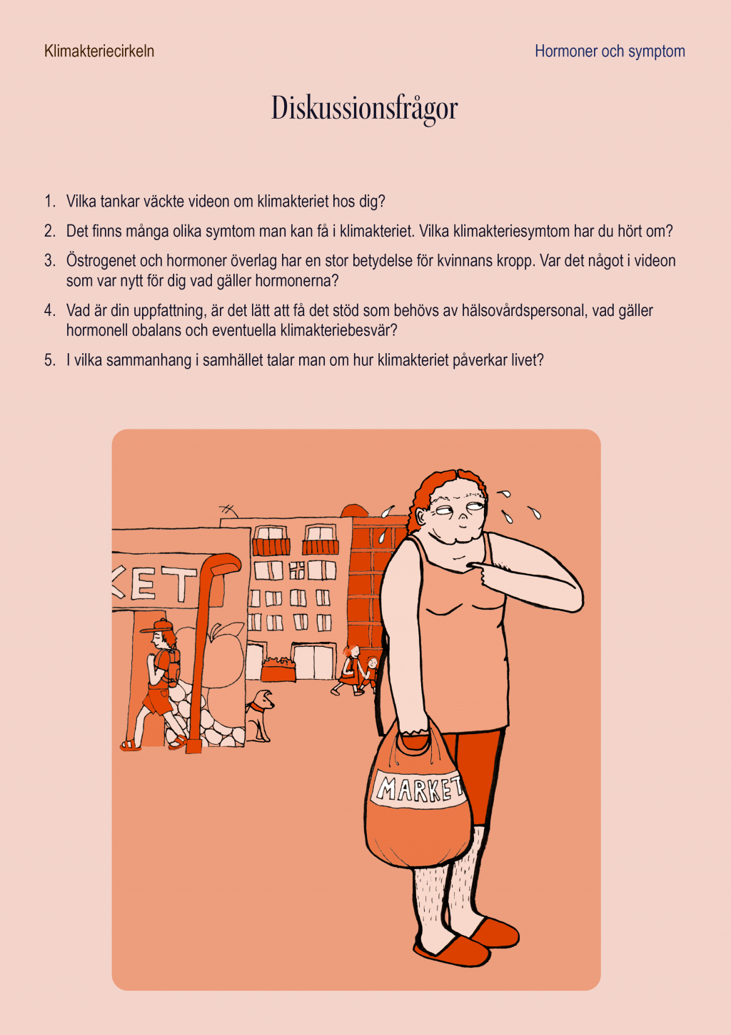 Bild av en svettig kvinna som är i klimakteriet, hon står utanför en matbutik med en kass i handen. Bilden innehåller frågor.